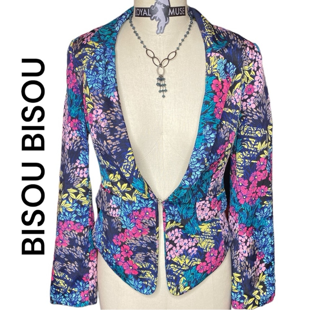 BISOU BISOU Jacket Bright Floral Colors Pink Blue Yellow Sz Small